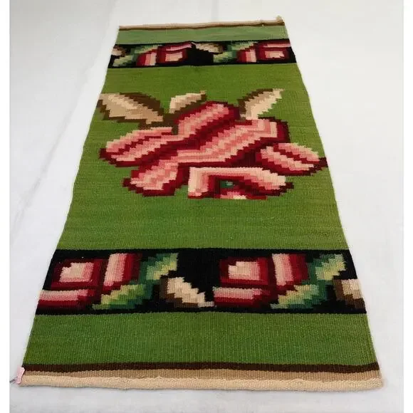 Vintage Woven Wool Red Rose, Green, Black, Tan Rug or Wall Hanging 4' x 2’ - Picture 4 of 8